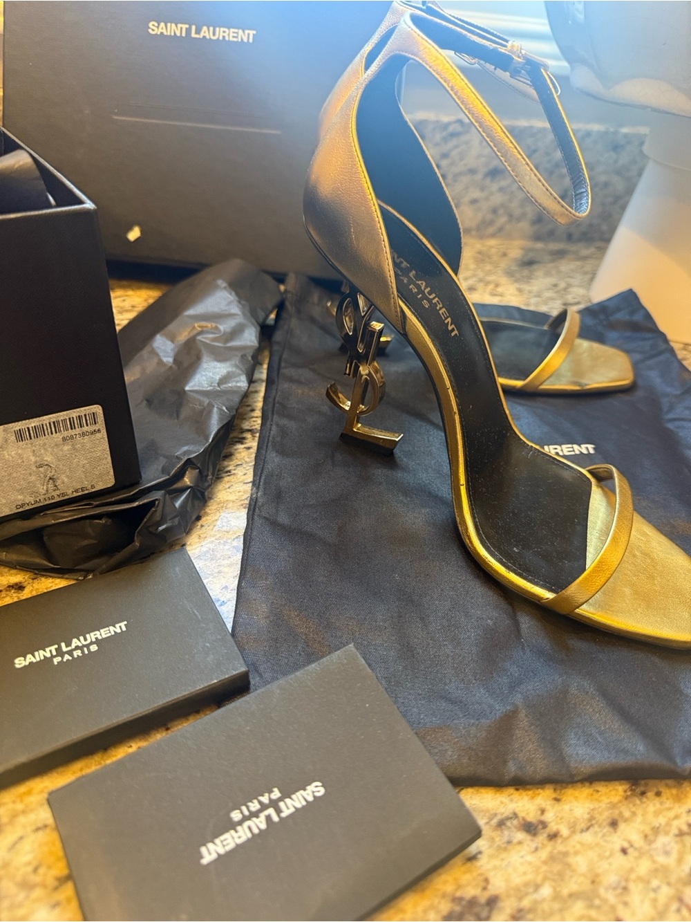 Saint Laurent Gold Leather Ankle-Strap Heels with YSL Sculpted Heel - Picture 3 of 5
